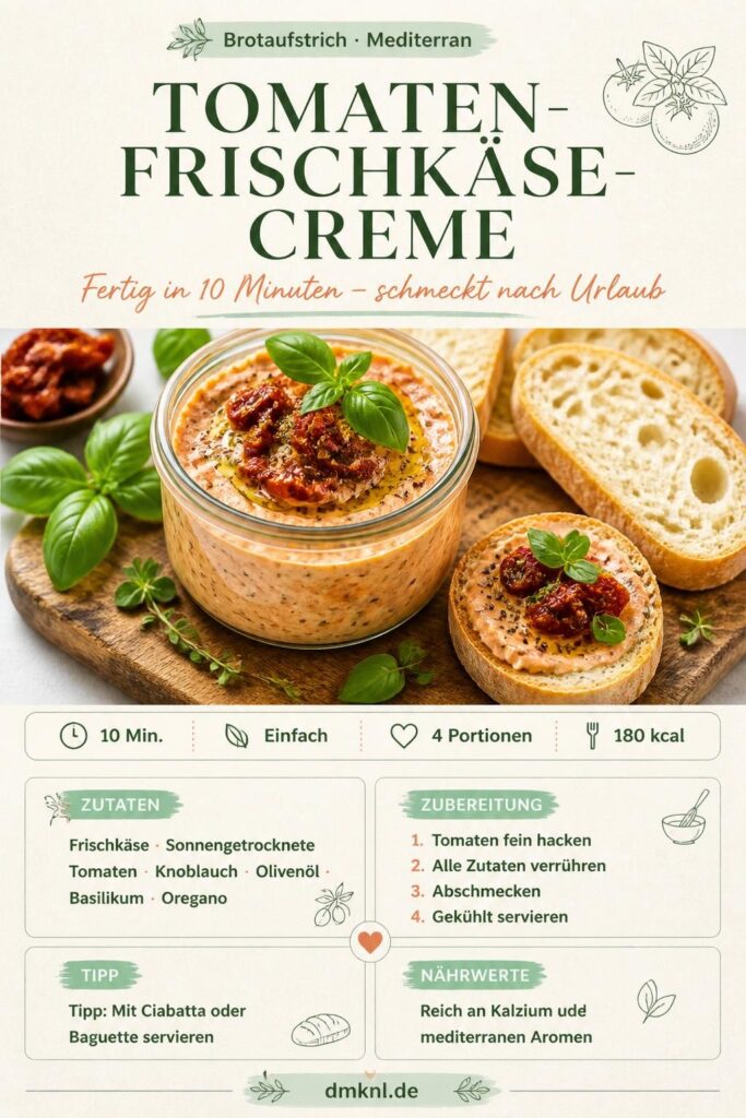 Tomaten-Frischkäse-Creme als Brotaufstrich im Glas, mit Basilikum und sonnengetrockneten Tomaten auf einem Holzbrett