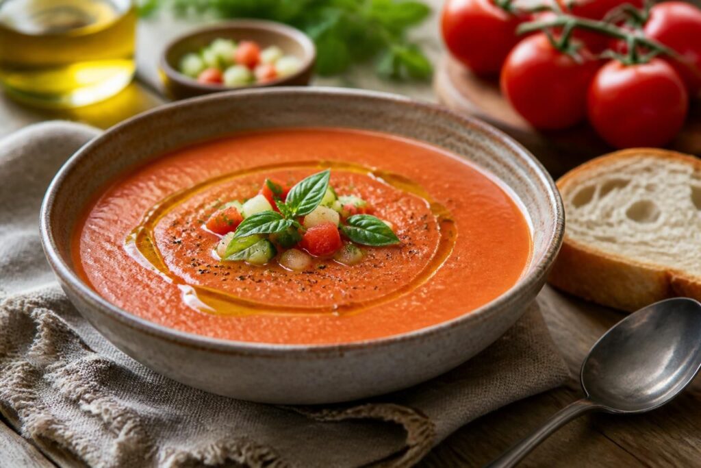 Tomaten-Gazpacho ohne Kochen in einer weißen Schüssel, garniert mit Olivenöl, Gemüsewürfeln und Croûtons, auf einem Holztisch mit frischen Tomaten und Brot daneben
