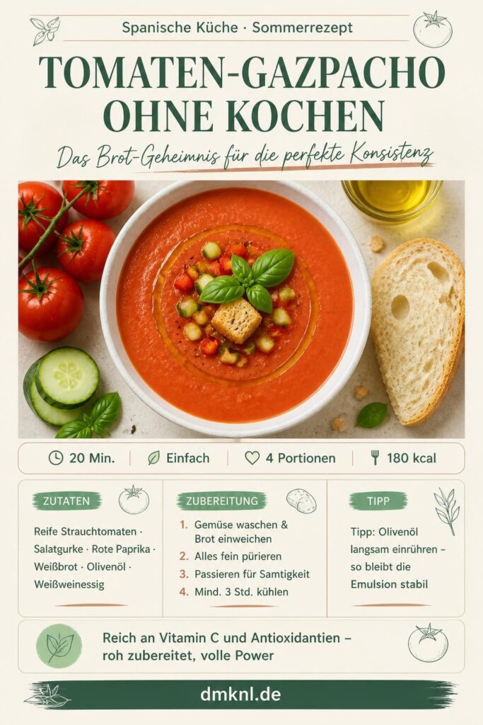 Tomaten-Gazpacho ohne Kochen in weißer Schüssel mit Olivenöl und Croûtons, andalusisches Originalrezept
