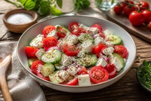 Tomaten-Gurken-Salat mit Feta, frischen Kräutern und Olivenöl-Dressing in einer weißen Schüssel, von oben fotografiert
