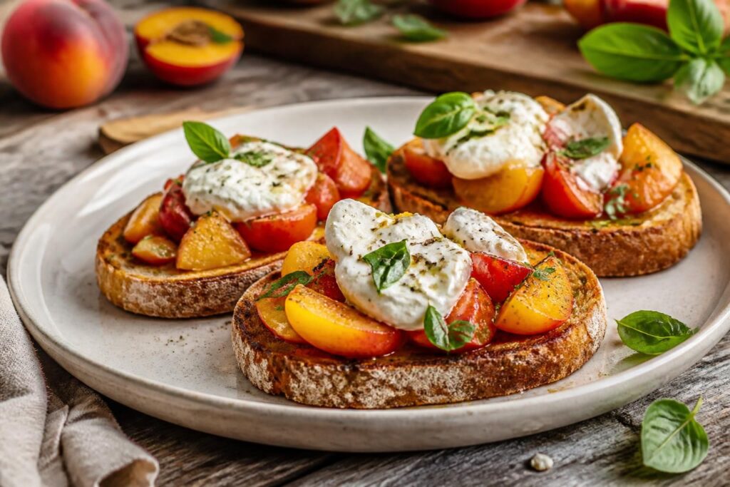 Tomaten-Pfirsich-Bruschetta mit Burrata auf einem Holzbrett, garniert mit frischem Basilikum und Salzflocken