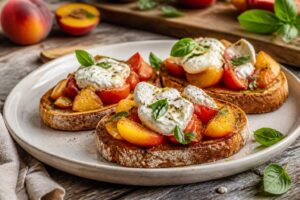 Tomaten-Pfirsich-Bruschetta mit Burrata auf einem Holzbrett, garniert mit frischem Basilikum und Salzflocken