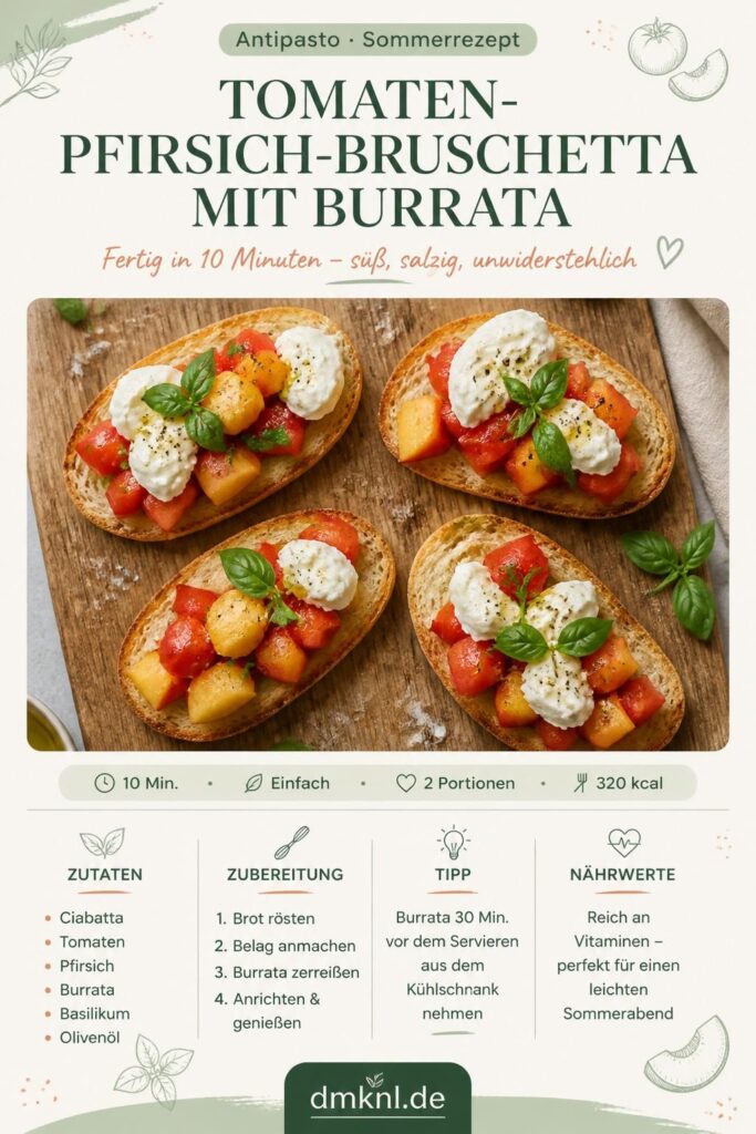 Tomaten-Pfirsich-Bruschetta mit Burrata auf einem Holzbrett, garniert mit Basilikum und Salzflocken