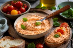 Tomaten-Ricotta-Creme als Aufstrich auf geröstetem Ciabatta, garniert mit frischem Basilikum und getrockneten Tomaten, von oben fotografiert auf hellem Holzuntergrund