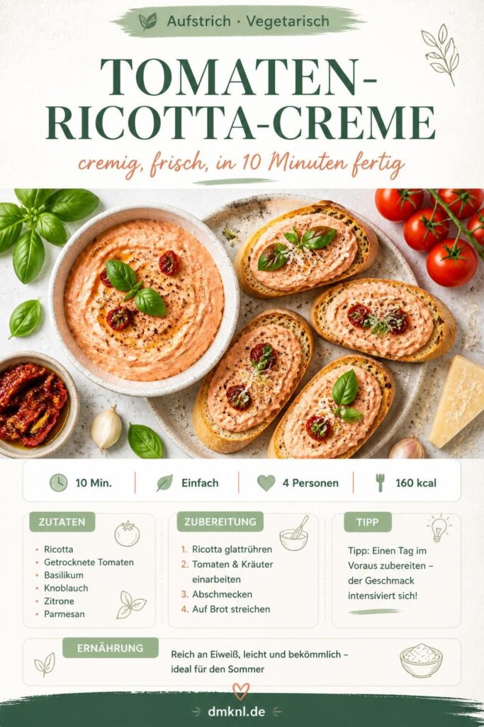 Tomaten-Ricotta-Creme auf Ciabatta mit Basilikum – sommerlicher Aufstrich in 10 Minuten