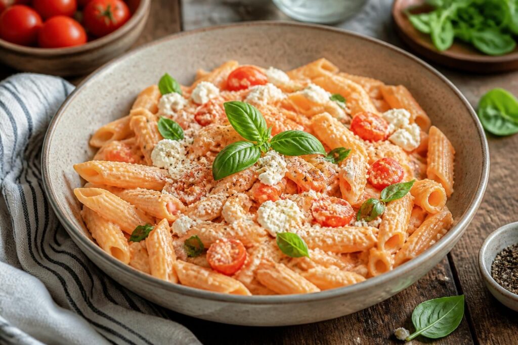 Tomaten-Ricotta-Pasta in einer großen Schüssel mit frischen Tomaten, Basilikum und cremiger Ricotta-Sauce