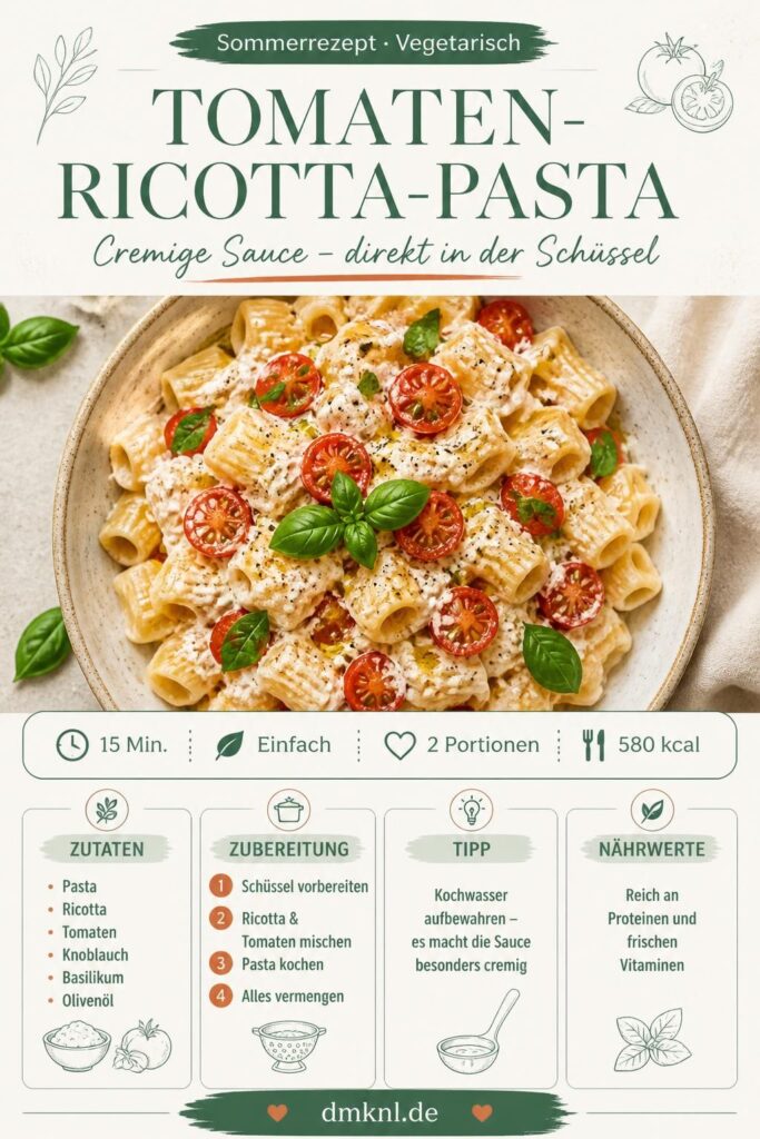 Tomaten-Ricotta-Pasta in einer Schüssel mit frischen Tomaten und Basilikum