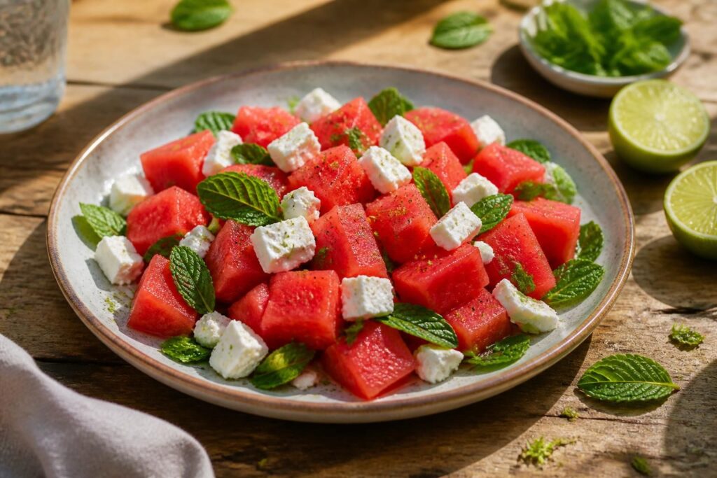 Wassermelonen-Feta-Salat mit frischer Minze und Limetten-Dressing in einer weißen Schüssel, von oben fotografiert