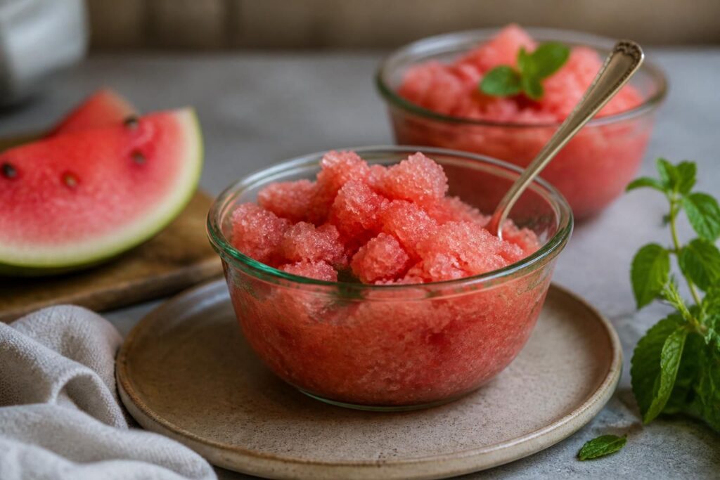 Wassermelonen-Granita in einer gekühlten Glasschale, garniert mit frischer Minze und einer Prise Meersalz, von oben fotografiert