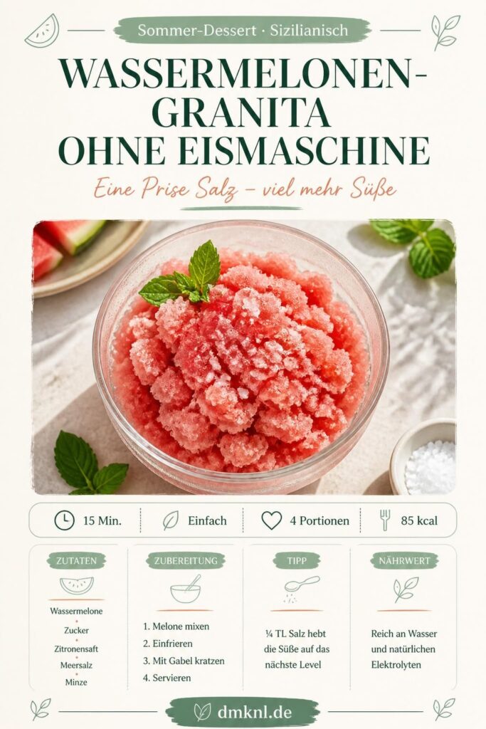 Wassermelonen-Granita ohne Eismaschine mit Minze und Meersalz in einer Glasschale
