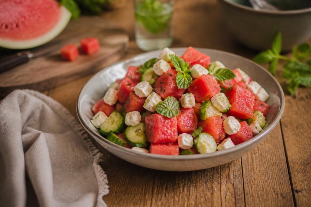 Wassermelonen-Gurken-Salat mit Feta, Minze und Limettendressing in einer weißen Schüssel auf hellem Holzuntergrund