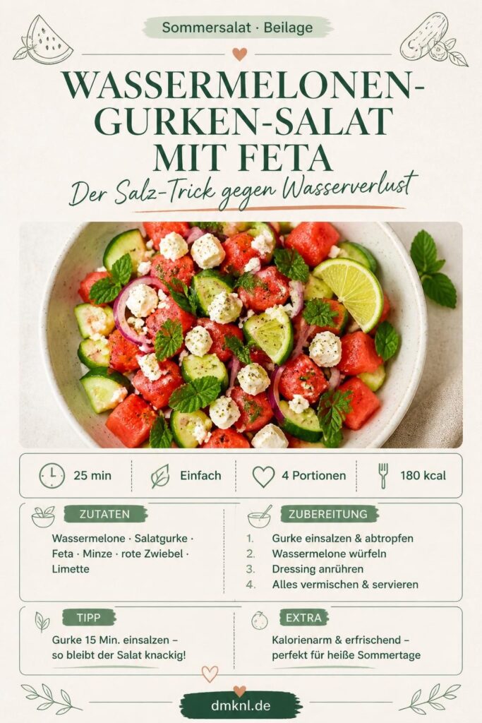 Wassermelonen-Gurken-Salat mit Feta – Pinterest-Pin mit Rezept und Salz-Trick