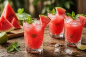 Zwei Gläser Wassermelonen-Limonade ohne Zucker mit Eiswürfeln und frischer Minze auf einem hellen Holztisch, daneben Wassermelonenstücke