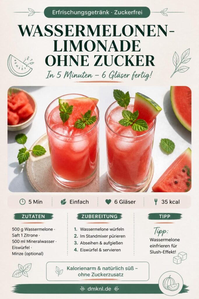 Wassermelonen-Limonade ohne Zucker im Glas mit Eiswürfeln und Minze, Pinterest-Pin