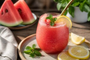 Wassermelonen-Slush mit Zitrone in einem hohen Glas, garniert mit einer Zitronenscheibe und frischer Minze, von oben fotografiert