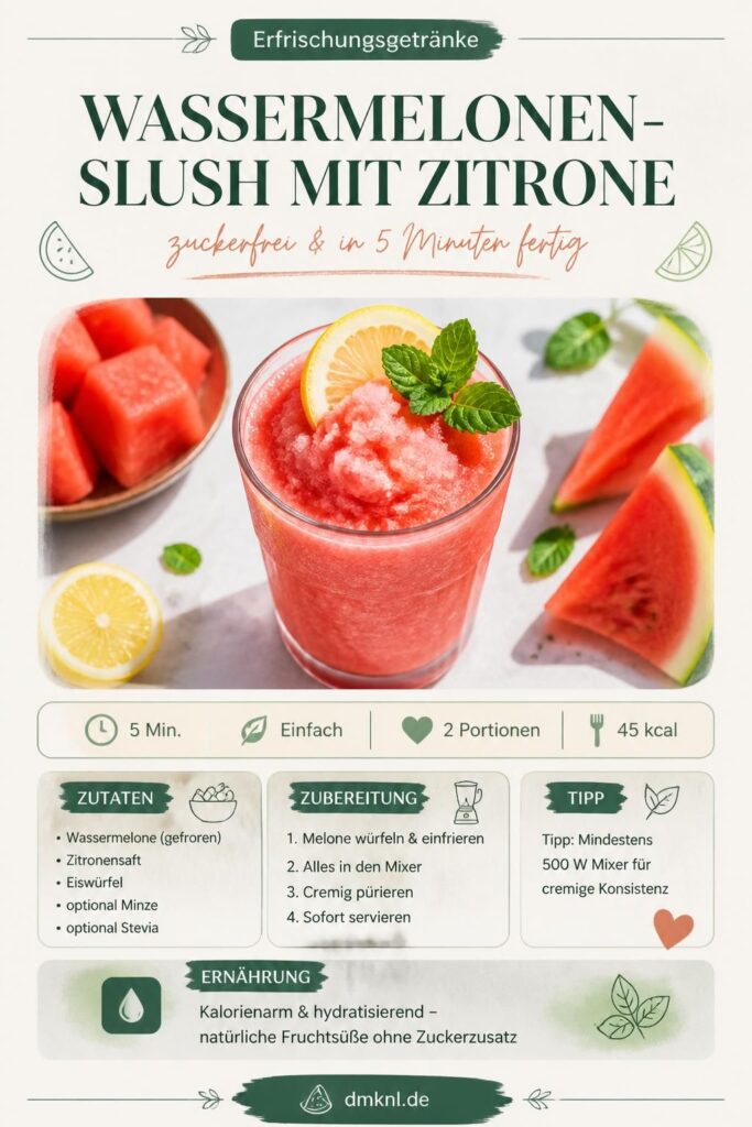Wassermelonen-Slush mit Zitrone zuckerfrei in einem hohen Glas mit Minze und Zitronenscheibe