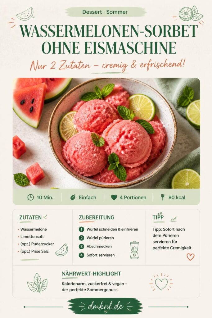 Cremiges Wassermelonen-Sorbet ohne Eismaschine in einer Schale mit Minze und Limette