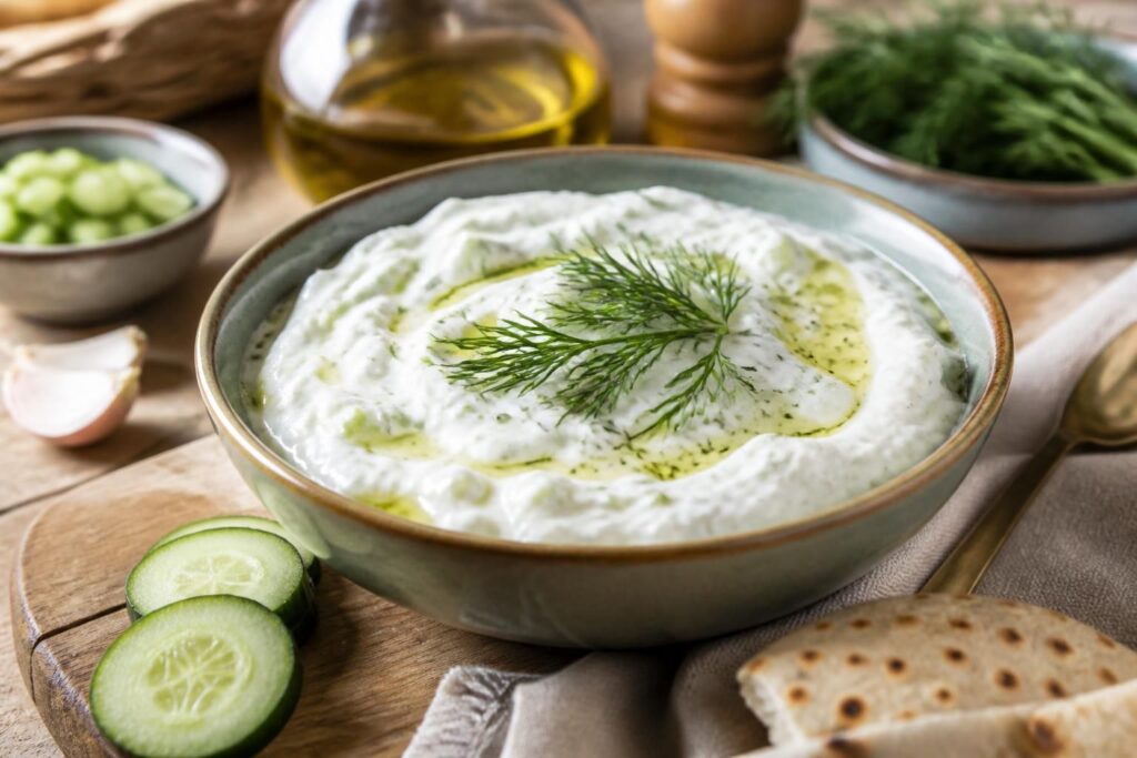 Cremiges Zaziki nach griechischer Art in einer weißen Schüssel, garniert mit Olivenöl, frischem Dill und Gurkenscheiben