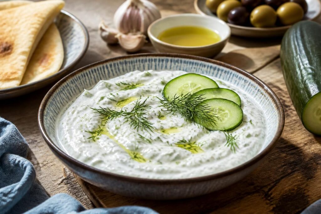 Hausgemachtes Zaziki nach griechischer Art in einer weißen Schüssel, mit Olivenöl beträufelt und frischem Dill garniert, daneben eine halbierte Salatgurke