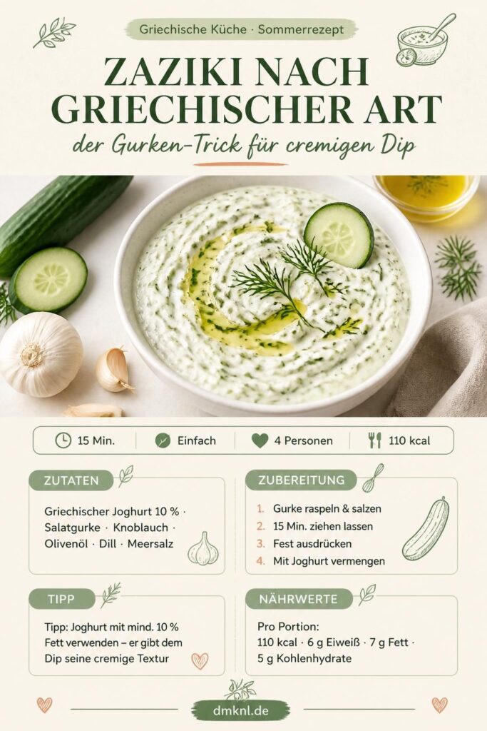 Zaziki nach griechischer Art in einer weißen Schüssel mit Olivenöl und Dill, daneben frische Gurke und Knoblauch