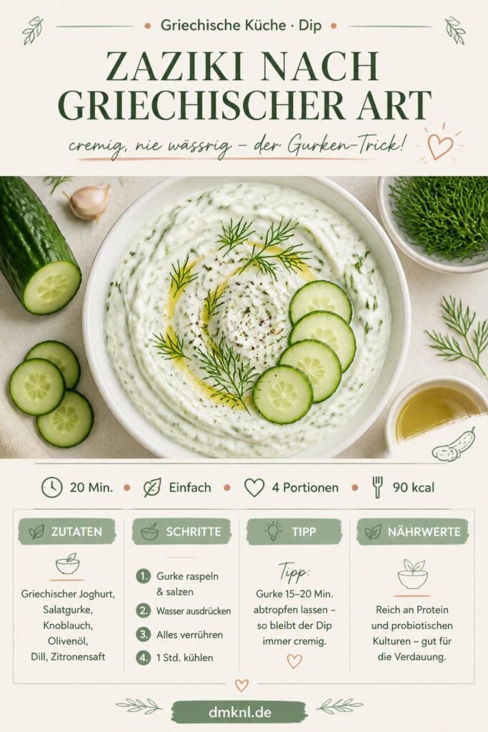 Cremiges Zaziki nach griechischer Art mit Olivenöl und Dill in einer weißen Schüssel – Pinterest-Rezeptbild