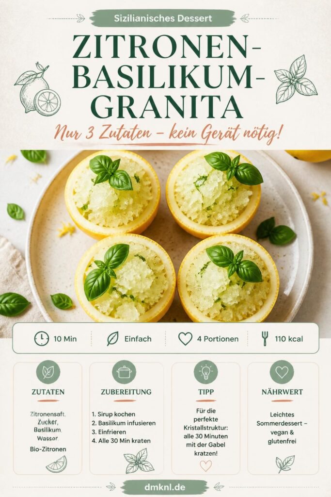Zitronen-Basilikum-Granita ohne Eismaschine – sizilianisches 3-Zutaten-Dessert, serviert in Zitronenschalen