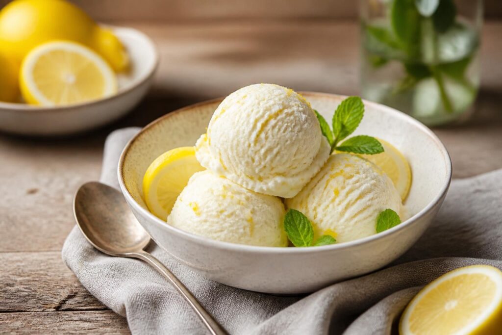 Cremiges Zitronen-Joghurt-Eis ohne Zucker in einer weißen Schale, garniert mit frischer Zitronenscheibe und Minzblättern