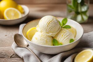 Cremiges Zitronen-Joghurt-Eis ohne Zucker in einer weißen Schale, garniert mit frischer Zitronenscheibe und Minzblättern