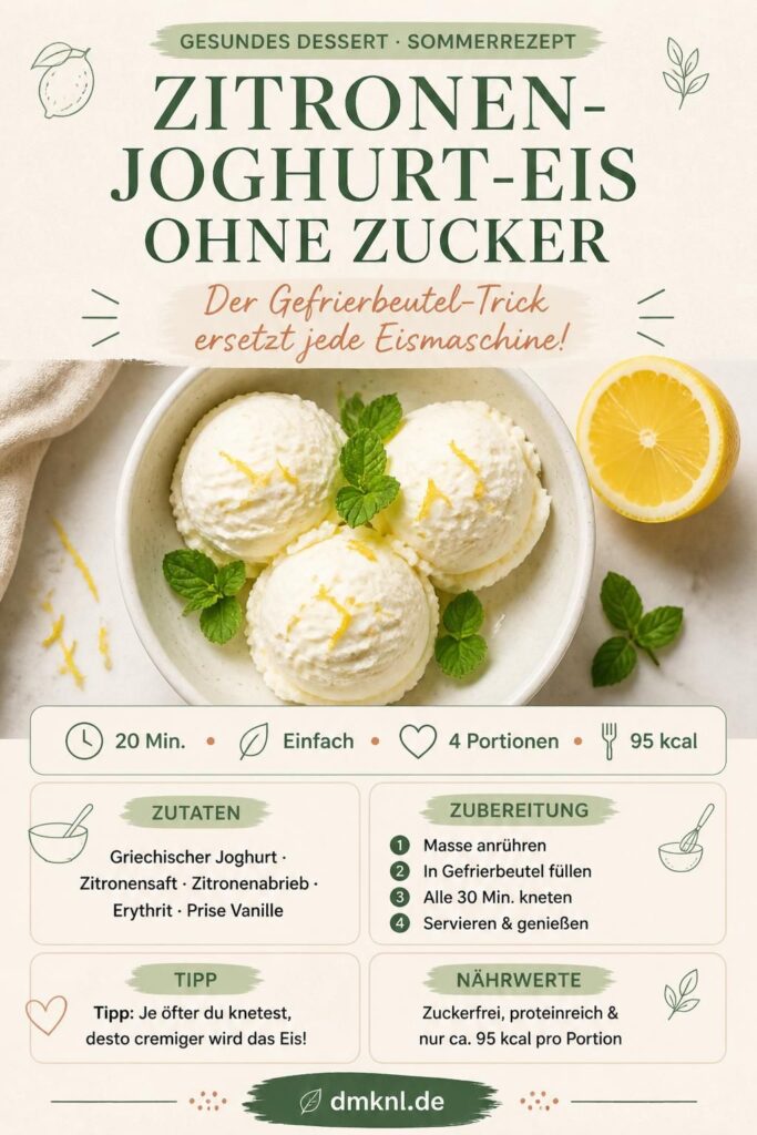 Zitronen-Joghurt-Eis ohne Zucker – Gefrierbeutel-Trick Pinterest Rezeptkarte