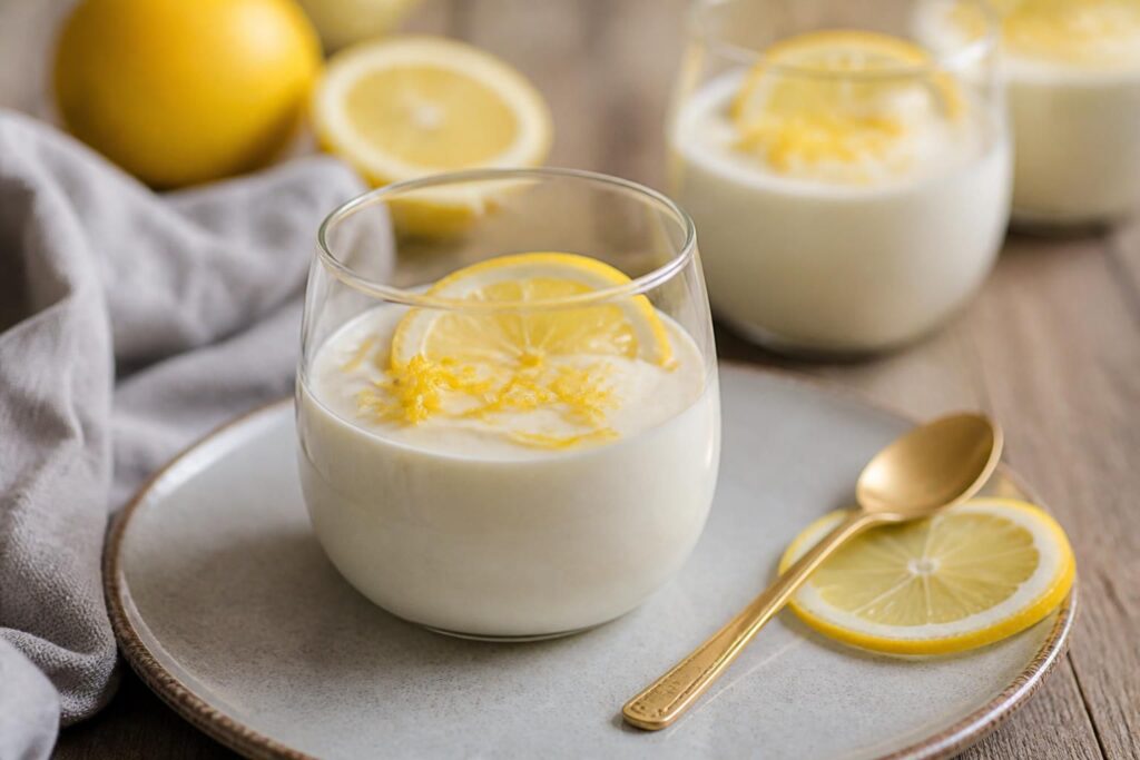 Zitronen-Panna-Cotta ohne Kochen in kleinen Gläsern serviert, garniert mit frischen Himbeeren und Zitronenschale, auf einem Holztablett