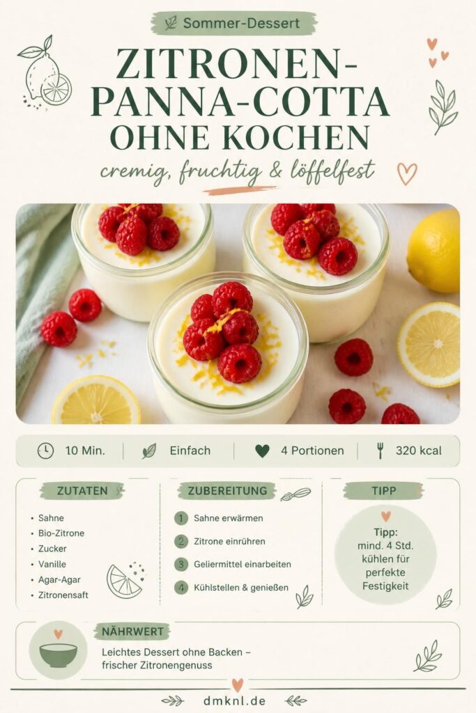 Zitronen-Panna-Cotta ohne Kochen in Gläsern mit Himbeeren und Zitronenschale – Pinterest-Rezeptkarte