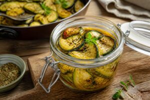 Zucchini-Antipasti aus der Pfanne mit Knoblauch, Olivenöl und Weißweinessig, angerichtet in einem Einmachglas auf einem Holzbrett