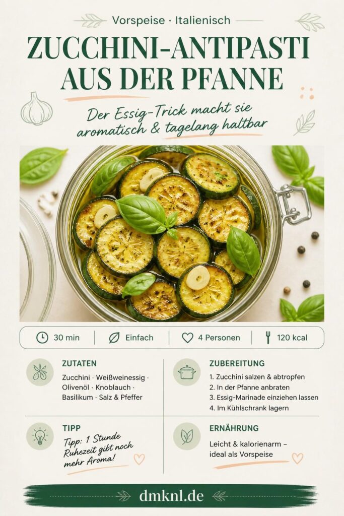 Zucchini-Antipasti aus der Pfanne mit Essig und Knoblauch im Glas, Pinterest-Rezeptkarte