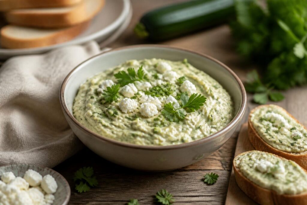 Cremiger Zucchini-Feta-Aufstrich in einer Schüssel, garniert mit frischen Kräutern und einem Schuss Olivenöl, daneben Brotscheiben und Gemüsesticks
