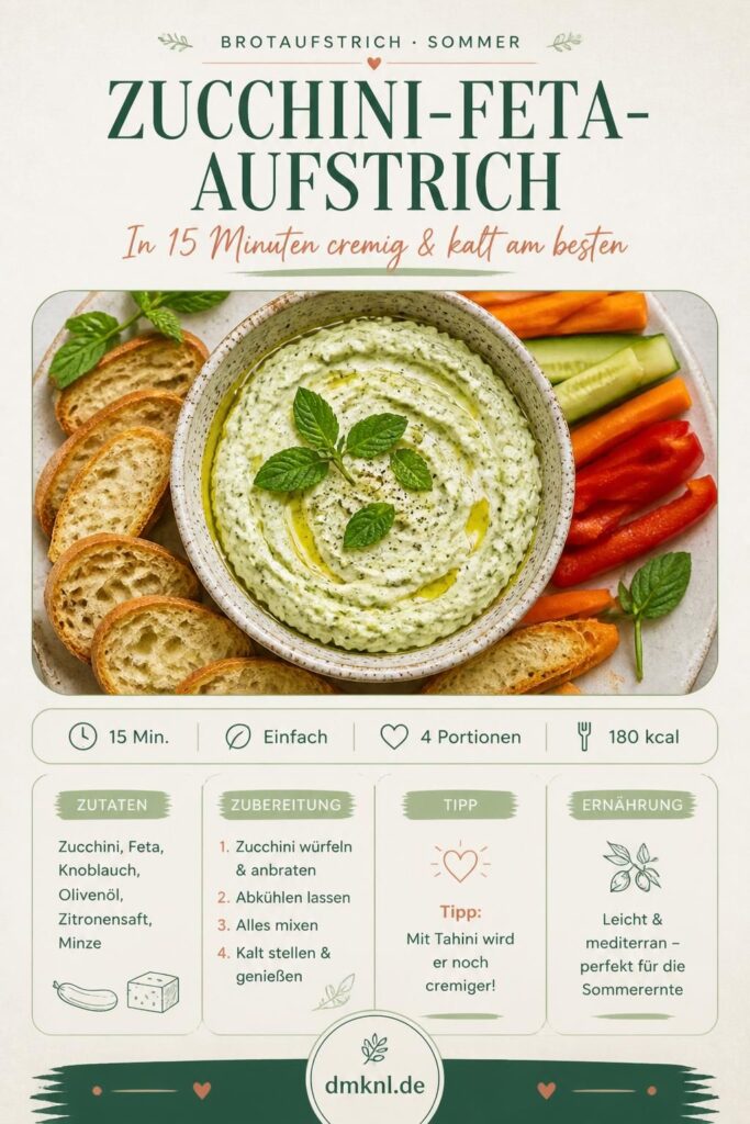 Cremiger Zucchini-Feta-Aufstrich mit Minze und Olivenöl auf Brot – Pinterest-Pin
