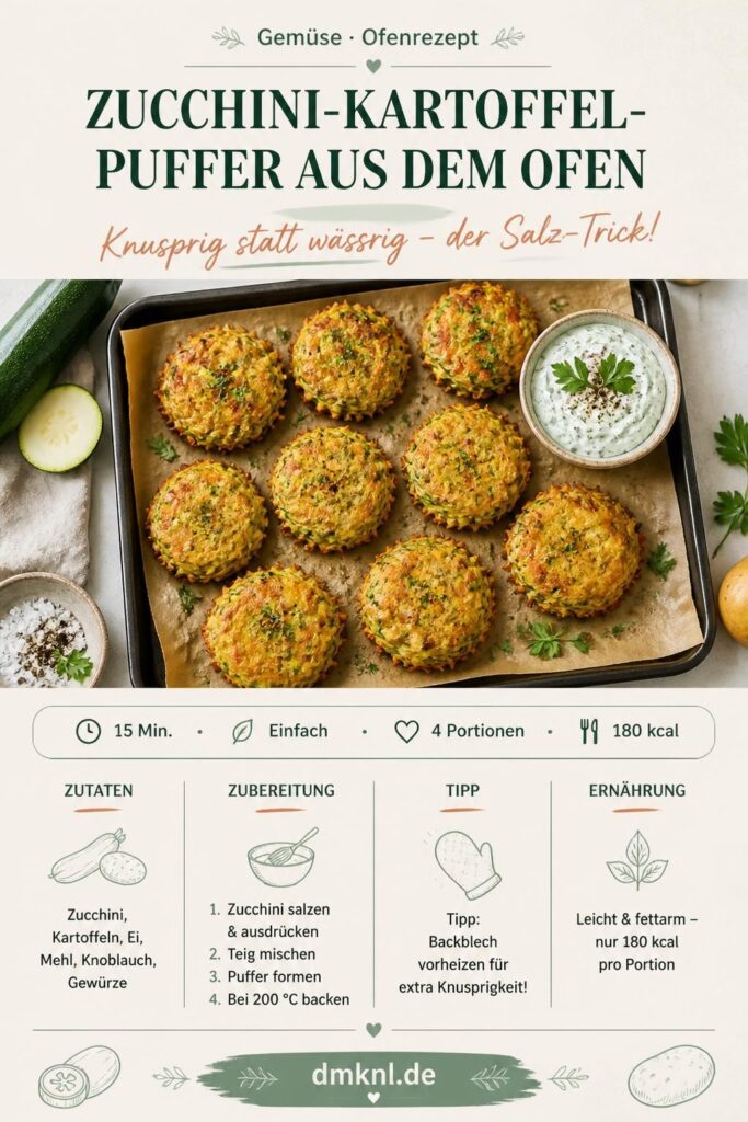 Knusprige Zucchini-Kartoffel-Puffer aus dem Ofen auf Backpapier mit Kräuterquark – Pinterest-Bild