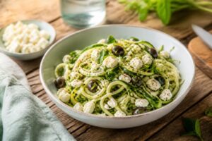 Zucchini-Nudelsalat mit Feta und Kräuterdressing in einer weißen Schüssel, von oben fotografiert, mit frischem Basilikum und Kirschtomaten garniert