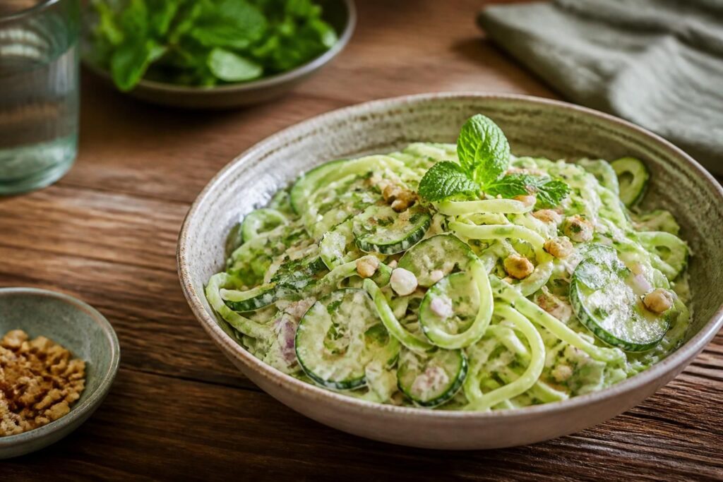 Zucchini-Nudelsalat mit cremigem Joghurtdressing in einer weißen Schüssel, garniert mit frischen Kräutern und Zitronenscheiben