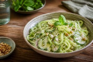 Zucchini-Nudelsalat mit cremigem Joghurtdressing in einer weißen Schüssel, garniert mit frischen Kräutern und Zitronenscheiben