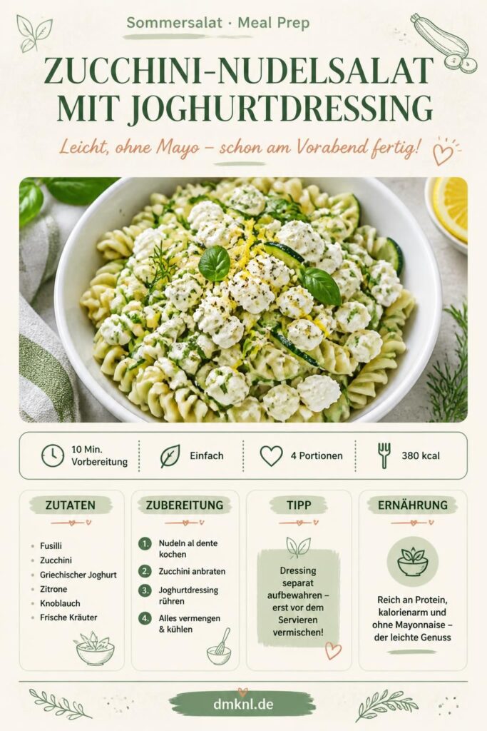 Zucchini-Nudelsalat mit Joghurtdressing in einer weißen Schüssel – leicht, ohne Mayo, Meal Prep