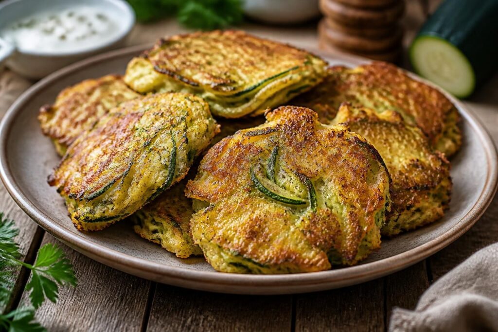 Goldbraune Zucchini-Puffer aus dem Ofen auf einem Backblech mit Backpapier, serviert mit Tzatziki und frischen Kräutern
