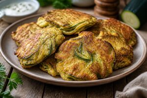 Goldbraune Zucchini-Puffer aus dem Ofen auf einem Backblech mit Backpapier, serviert mit Tzatziki und frischen Kräutern