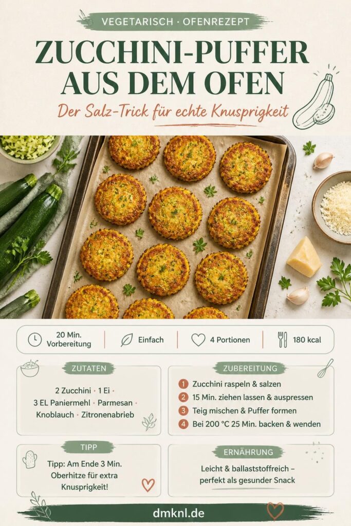 Knusprige Zucchini-Puffer aus dem Ofen auf Backpapier, Pinterest-Rezeptkarte