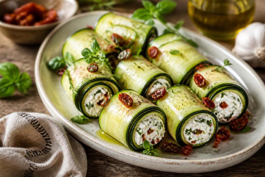 Zucchini-Röllchen mit Frischkäse auf einem Holzbrett, garniert mit Rucola, Pinienkernen und getrockneten Tomaten