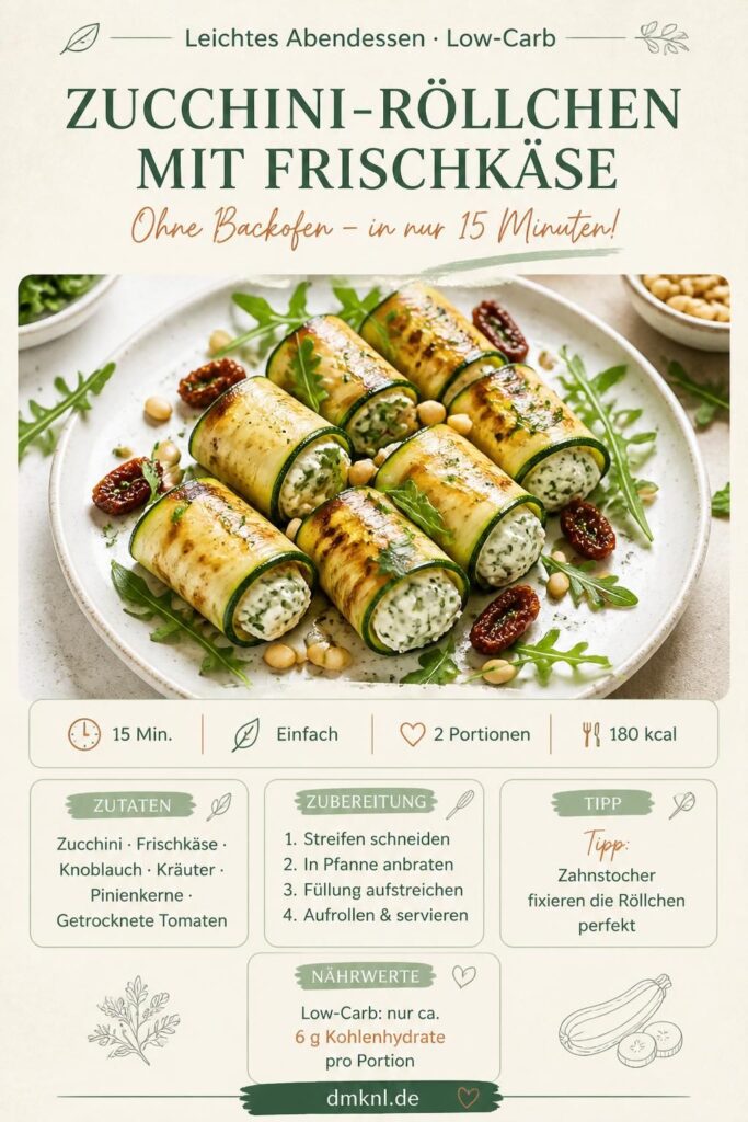 Zucchini-Röllchen mit Frischkäse auf einem Teller, garniert mit Rucola und Pinienkernen