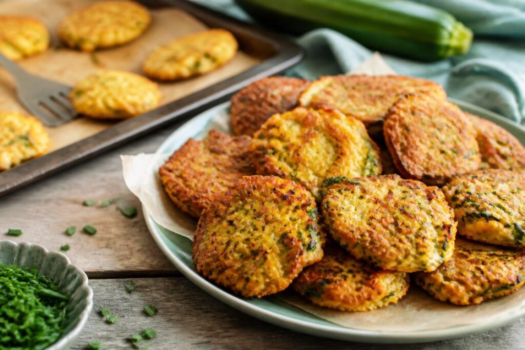 Knusprige Zucchinipuffer aus dem Backofen auf einem Backblech mit Backpapier, goldbraun gebacken, serviert mit Tsatziki und frischen Kräutern