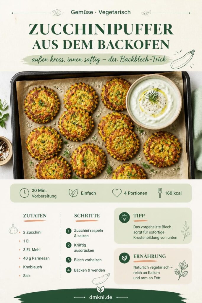 Knusprige Zucchinipuffer aus dem Backofen mit Tsatziki – Pinterest-Rezeptkarte