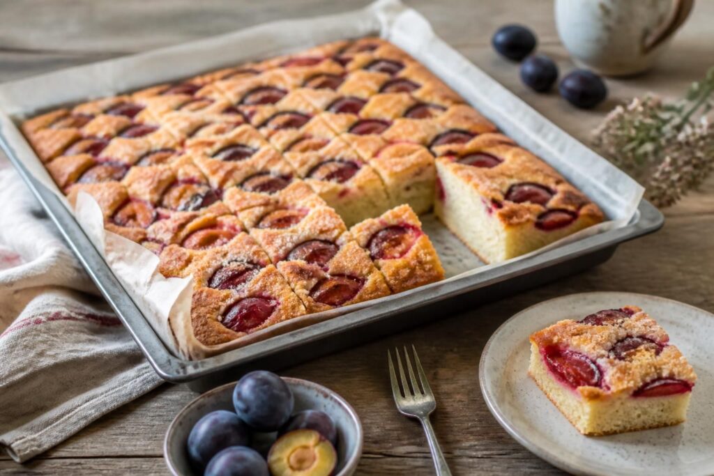 Saftiger Zwetschgenkuchen vom Blech ohne Hefe mit goldbraunem Rührteig und frischen Zwetschgen, frisch aus dem Ofen