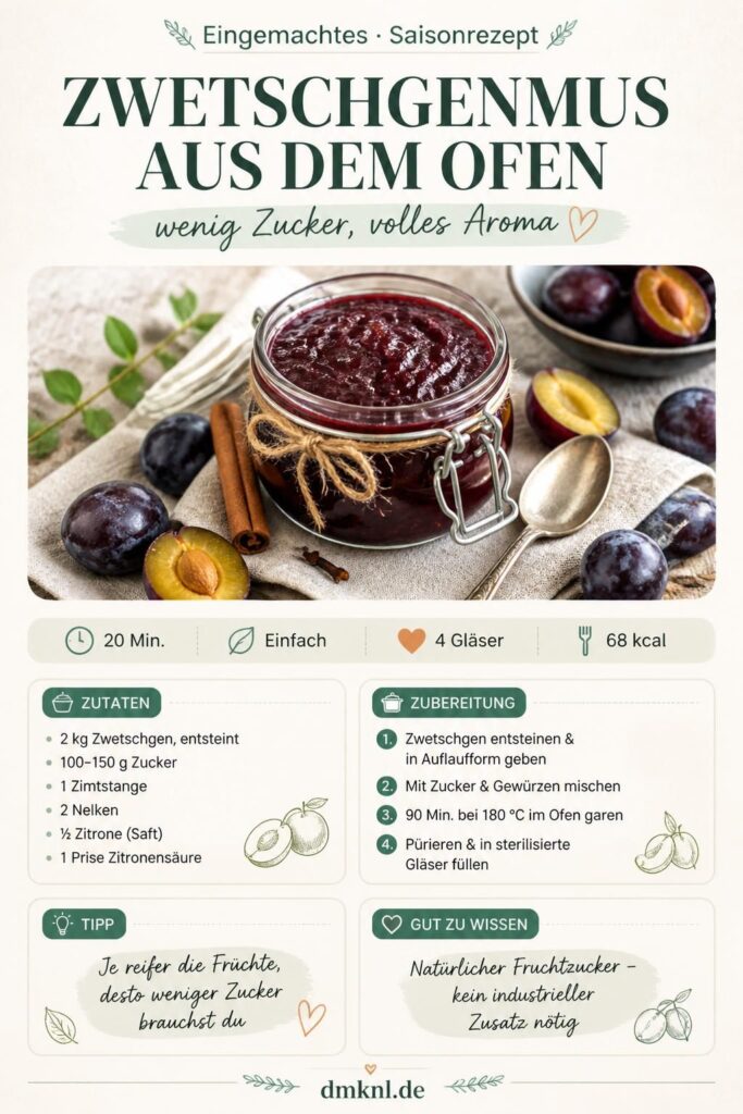 Zwetschgenmus aus dem Ofen mit wenig Zucker – Pinterest-Rezeptkarte